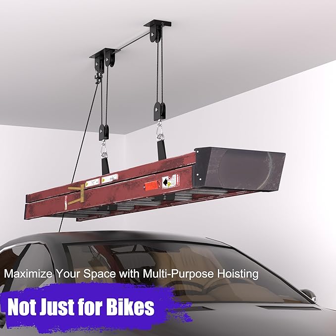 Bike Hoist, Heavy Duty Bike Pulley System for Garage Ceiling Bicycle Hanger, Bike Lift Overhead Storage Holds Up to 85 lbs Capacity, Fit 10-16 Foot Ceilings, Black