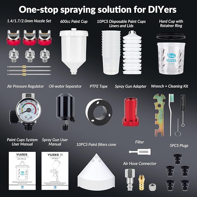 YUZES HVLP Spray Gun Plus Kit with 20 Oz Disposable Paint Cups, Easy to Use, 1.4/1.7/2.0mm Nozzles Air Spray Gun for Painting Cars & Furniture DIY Painting, Paint Spray Gun for Primer, Clear/Top Coat