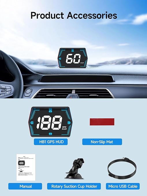Moman Car HUD Digital Speedometer for Car Head Up Display KM/H MPH Compass Direction USB Cable Plug & Play Over Speed Alert for All Vehicle