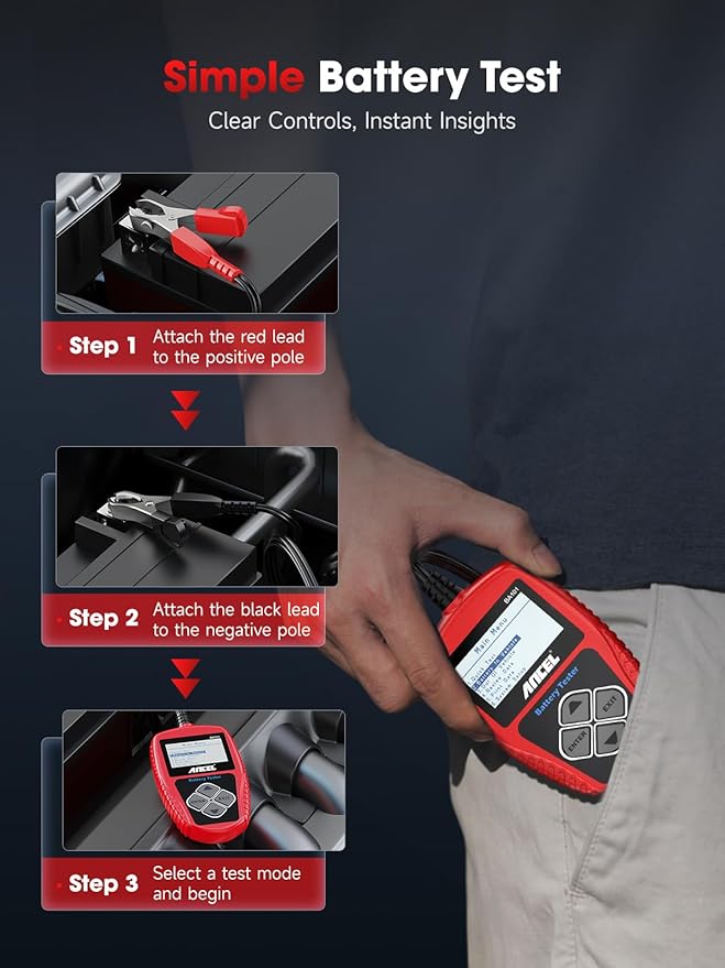 ANCEL BA101 Car Battery Tester, 12V Digital Automotive Alternator Meter Diagnostic Tool,100-2000 CCA Load Capacity, Charging & Cranking Analyzer for Truck, Boat, RV, Marine Vehicle, and More