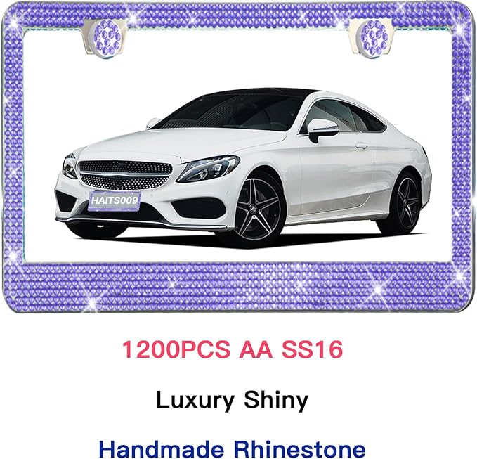 2 Pack License Plate Frames for Women, Sparkly Rhinestone Diamond Car Accessories with Glitter Crystal Caps (Purple (2PCS))