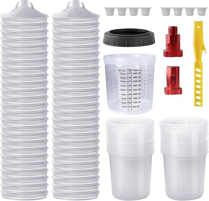 Disposable Paint Mixing Cup 20 Ounce (600ml) Kit,HVLP Paint Sprayer Gun Mixing Cups with 50 Cups and Lids System, 10 Plugs and 1 Hard Cup with Retainer Ring, 2 Cup Adapter,Paint Stirrer (50)