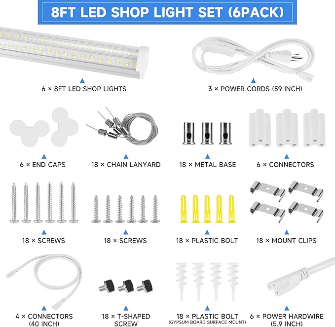 8FT U Shape 125W Integrated Tube Bright LED Light, 6500K Clear White, 20000LM - Flush Mount/Hanging Linkable LED Ceiling Lights for Garage, Plug&Play, 6 Pack