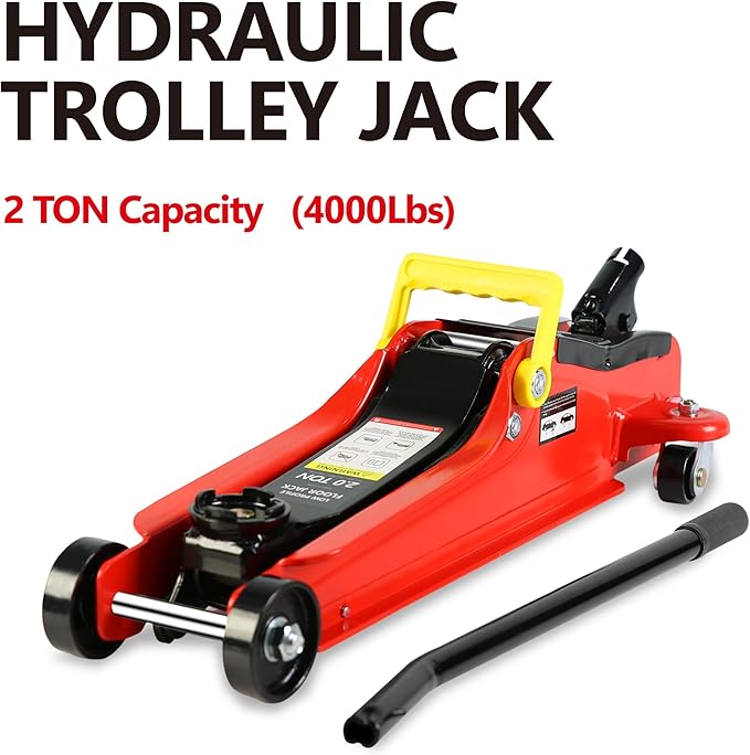 5 Piece Car Truck Floor Jack Service, Hydraulic Trolley Floor Jack & Jack Stands & Tire Repair Kit & L-Wrench for Garage, Repair Shop, DIY, Lift Range 3.3"-15.2", 2 Ton/4000 LBS Capacity, Red