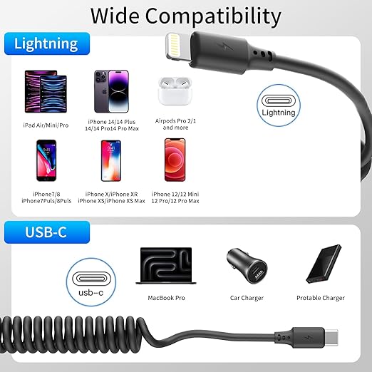 Coiled USB C to Lightning Cable 3FT, 2 Pack Short Car Charger Cord Fast Charging Retractable USB C to iPhone Cord for CarPlay Compatible with iPhone 14/13/12/11Pro/X/XR/8/7/6s/Plus
