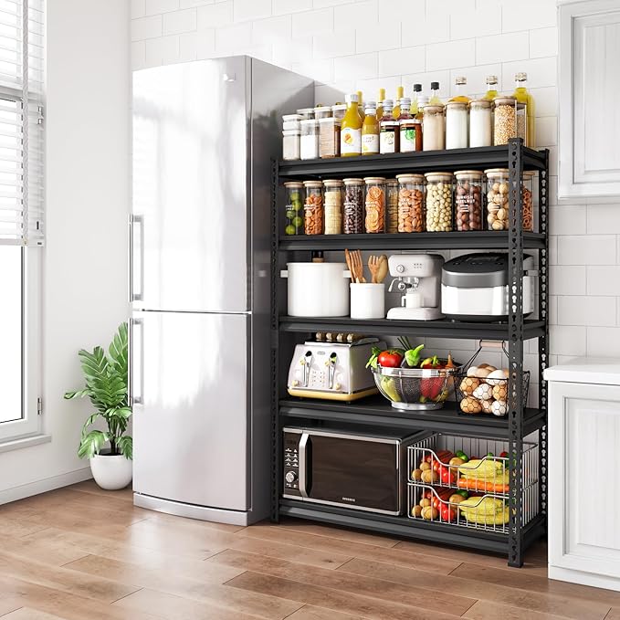 48" W Garage Shelving Heavy Duty，2500LBS Loads Adjustable Garage Storage Shelves, 5-Tier Metal Shelving Units and Storage Racks Heavy Duty, 48”W x 18”D x 78”H，Black…