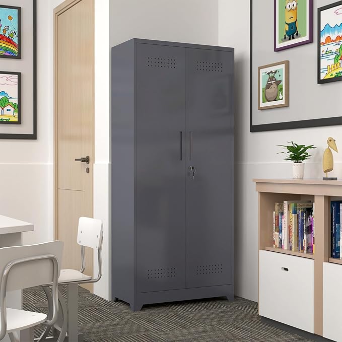 GREATMEET 72.8" H Metal Storage Cabinets with Doors and Shelves, Grey Broom Closet Storage Cabinet, Broom and Mop Utility Cabinet for Home,Kitchen,Garage