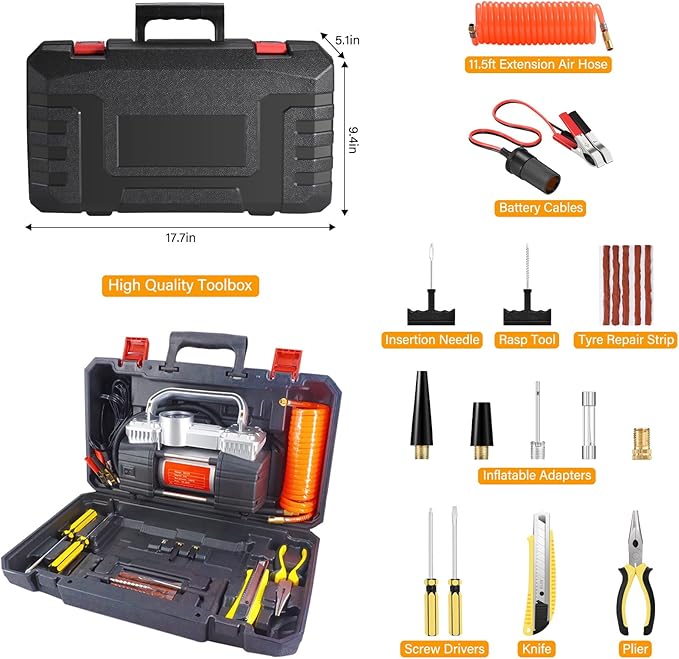 GSPSCN Digital Tire Inflator, Portable Toolbox 12V Air Compressor Pump Heavy Duty Dual Cylinders Car Pump,150Psi Auto Shut-Off with Tire Repair Kit for Auto,SUV,Truck etc