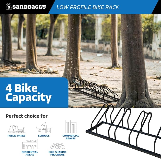 Sandbaggy Commercial Low Profile Bike Rack - Outdoor, Surface Mount, Steel - 4 Bike (4 Capacity (Low-Profile), 10)