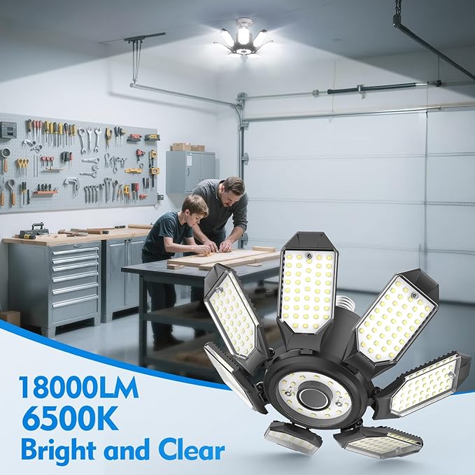 TANBABY Garage Lights, 250W Deformable Ceiling LED Shop Lights, 20000LM LED Light 6500K Garage Lighting 7+1 Adjustable Panels Bulb