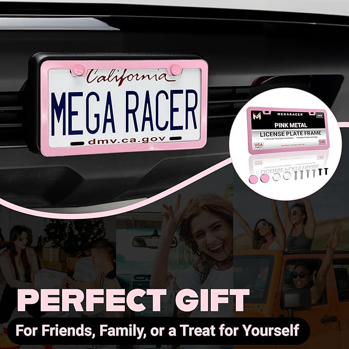 Premium Princess Pink License Plate Frame – 1 Pack, Rust-Free Stainless Steel, Street Legal & Rattle-Free, Universal Slim Design with Screw Covers, Durable Car Tag Holder for Women, Cute & Girly Gift