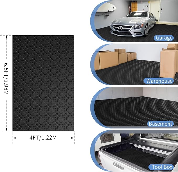 Premium Garage Floor Mat, Commercial Grade Heavy Duty Parking Mat for Garage Floor, Golf Cart Parking, Water/Stain Resistant Floor Runner (Black Coin, 4 x 6.5 Feet)