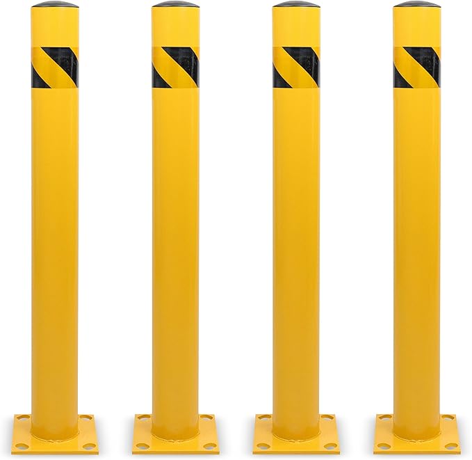 BISupply Safety Bollard Post Parking Barrier 4 Pack - 42in Yellow Pipe Bolt Down Bollard for Garage Lot