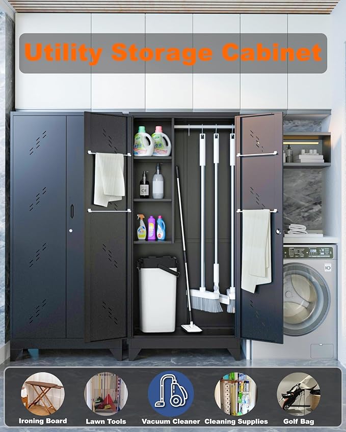 75" Metal Storage Cabinet with Lockable Doors, Functional Garage Storage Cabinet, Tool Chset Garage Organization with Hanging Rod & S-Hooks