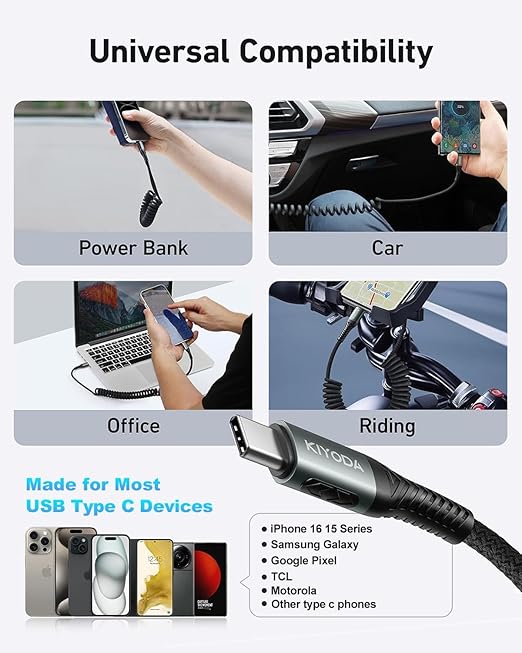 USB C Cable for Car 3FT/6FT, Coiled USB C to USB C Cable Fast Charging 66W, Braided USB Type C Charger Cord Compatible with iPhone 16 15 Pro Max, Samsung Galaxy, Google Phones and More Type C Devices