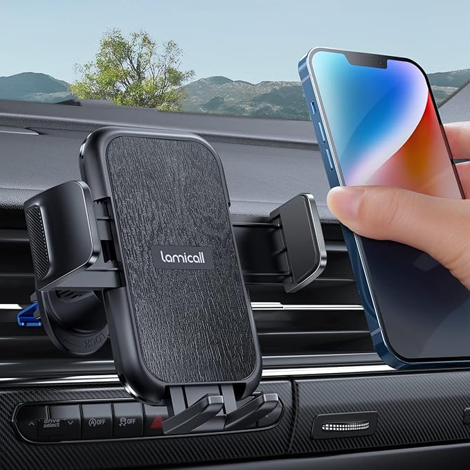 Lamicall 2025 Wider Clamp & Metal Hook Car Phone Holder Vent [Thick Cases Friendly] Phone Holders for Your Car Mount Automobile Hands Free Cradle Air Vent for Smartphone (Wood Grain)