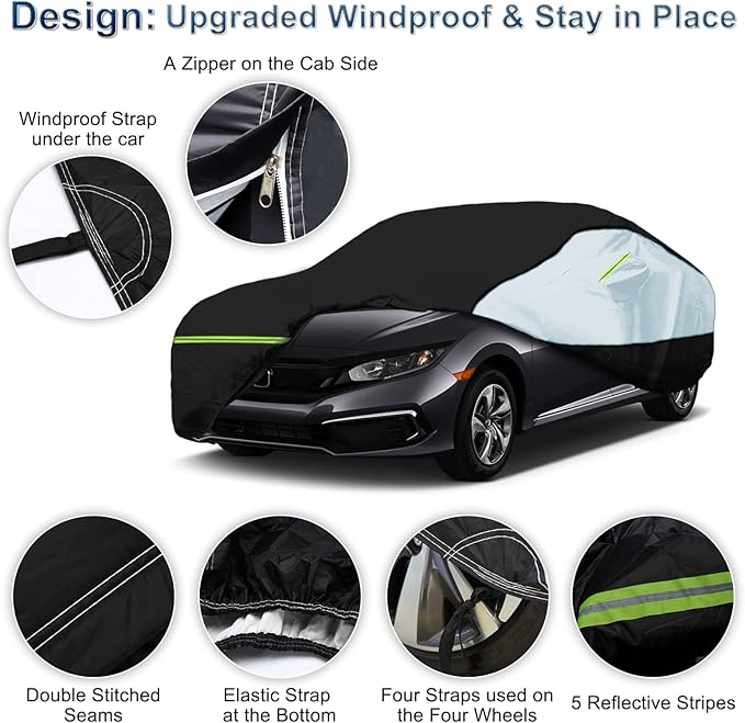 Universal Sedan Car Cover Fit for Toyota Corolla, Honda Civic, Nissan Sentra, Ford Focus, Chevy Cruze,Waterproof All Weather Anti-UV Windproof Snow Protection - Up to 193''(L)