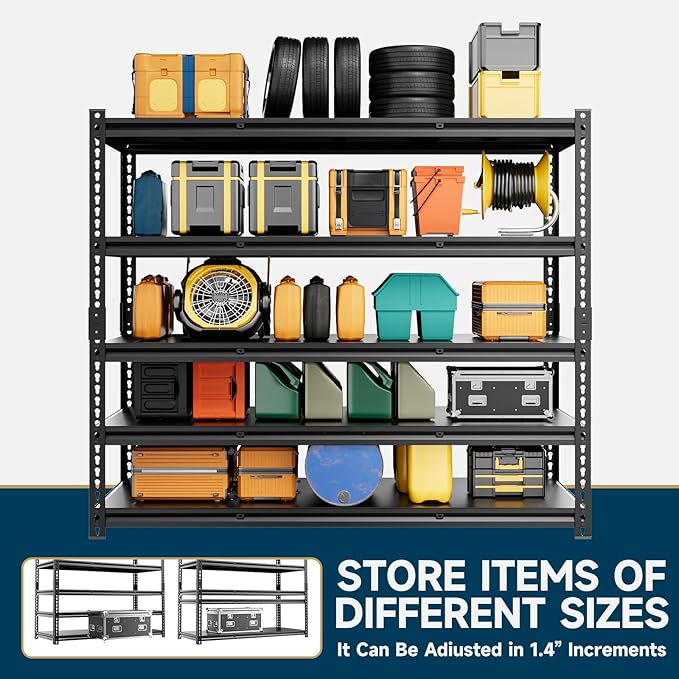 5-Tier 60”D X 24”W X 72”H Heavy Duty Shelving 3000LBS Garage Storage Rack Heavy Duty Adjustable Industrial Warehouse Shelving(Black)