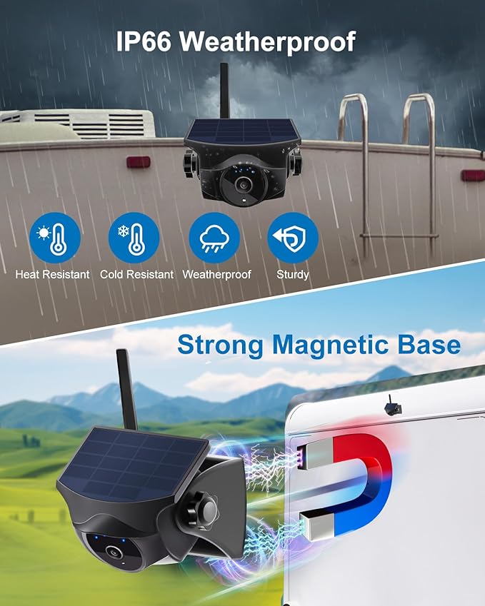 1080P Solar Wireless Backup Camera, Magnetic WiFi Hitching Camera, Night Vision,365 Days Standby, Rechargeable Battery, Rear/Front View for Horse Trailer Pickup RV Car for Phone Pad Android