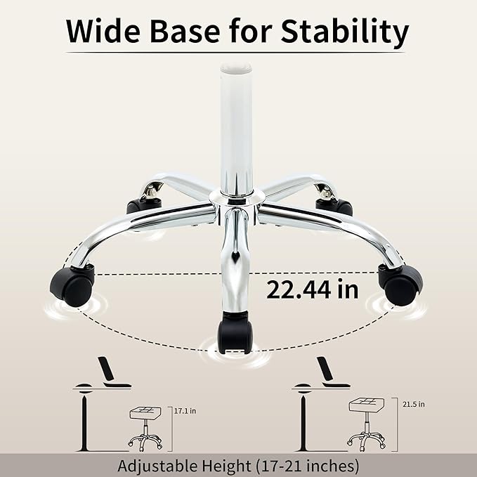Ergonomic Rolling Shop Stool (Adjustable Height 17-21 inch) Salon Stool for Hair Stylist (Black)