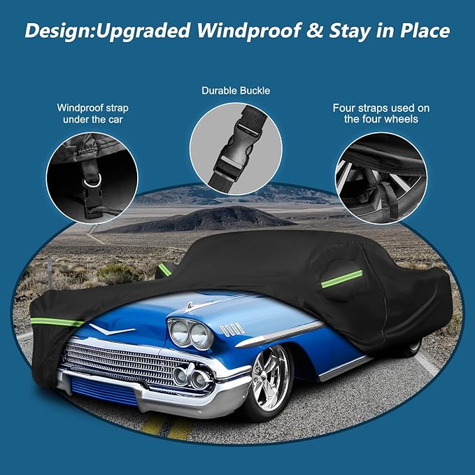 Waterproof Car Covers for Chevy Impala 2-Door/Bel Air/Biscayne 2/Sedan/Coupe 1958-1970,420D Oxford Cloth Sun Heat Protection Outdoor Covers with Driver Side Zipper Windproof Heavy Duty All Weather