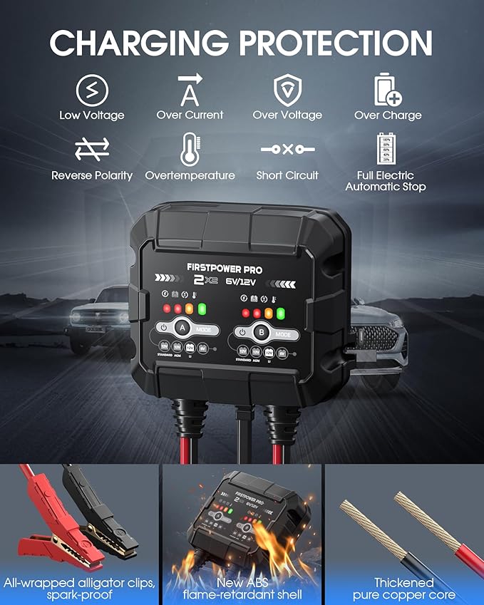 2-Bank, 4A (2A/Bank) Trickle Charger for Car Battery, 12V 6V Car Battery Charger, Automotive Battery Trickle Charger, Battery Maintainer, for Car Motorcycle Lawn Mower AGM, Lithium Batteries