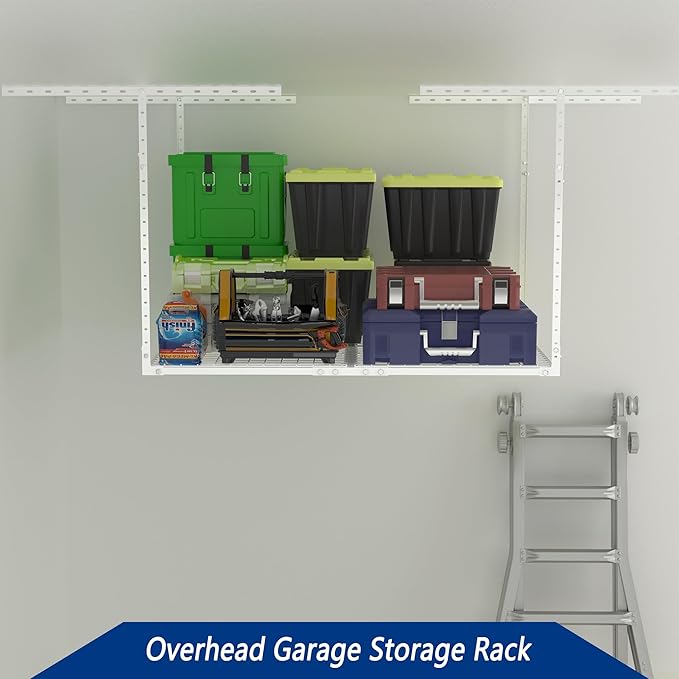 3 x 4FT Overhead Garage Storage Rack,Adjustable Ceiling Storage Racks,Garage Shelving Heavy Duty Storage Organizer System,400lbs Weight Capacity(White)