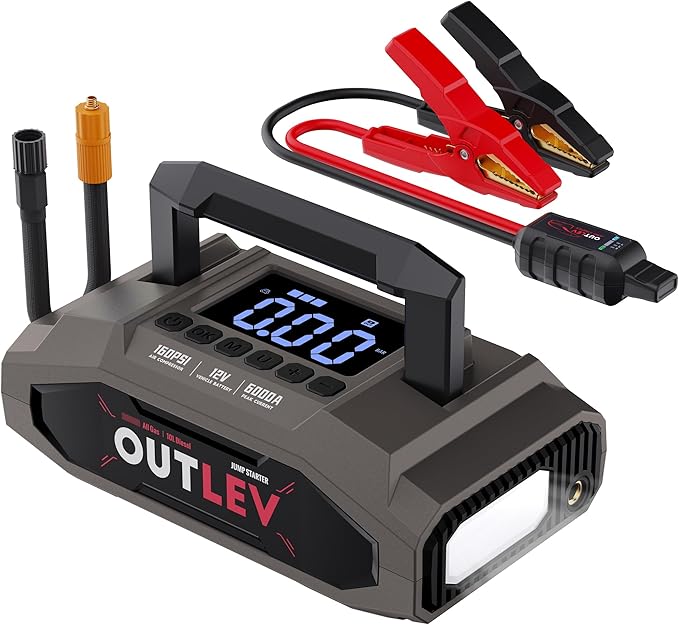 Jump Starter with Air Compressor (6000A 160PSI) - All-in-One Portable Jump Starter for Cars, Trucks, RV, Boat - Fast Charging, Safety Protection, Essential for Road Trips & Emergencies