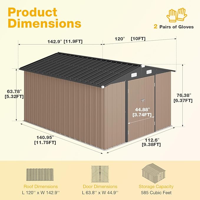 10x12 FT Outdoor Storage Shed Heavy-Duty Galvanized Steel Metal Garden Shed with Lockable Double Doors for Bike, Tool, Generator Storage in Backyard, Patio (10’x12’)