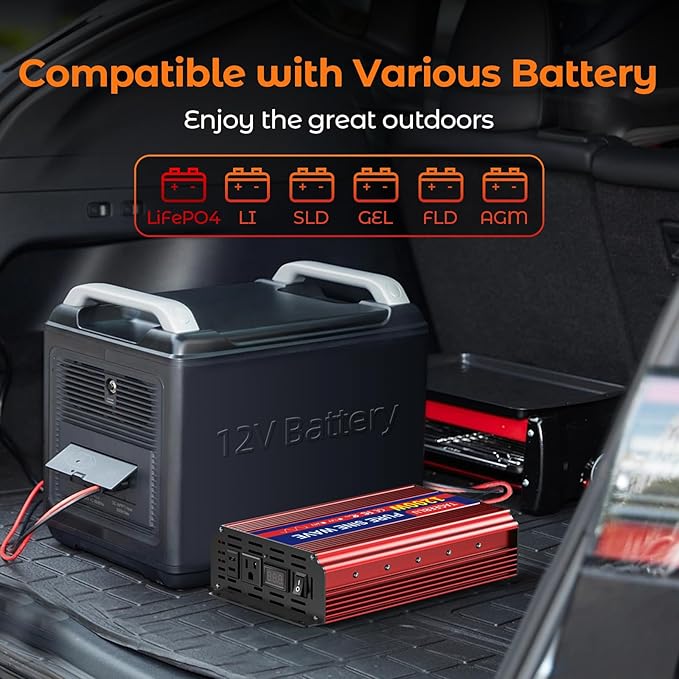 1200W Pure Sine Wave Inverter, 12V DC to 110V/120V AC Power Inverter for RV、Off Grid、Truck、with 2 AC outlets and LCD Display