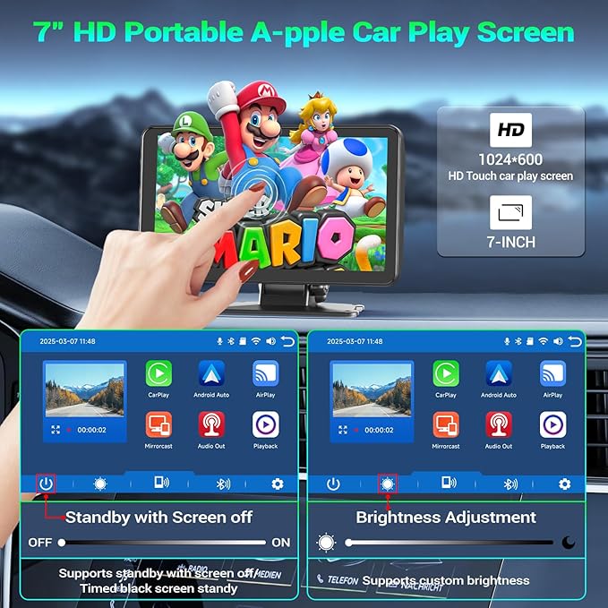 Carplay Screen for Car, 7" Portable Wireless Car Stereo for Apple Carplay & Android Auto,Touchscreen CarPlay Dash Cam,Audio Receivers W/Mirror Link/Rear Camera/Bluetooth/Navigation/AUX/Voice Control