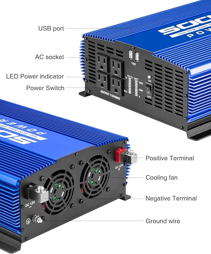 5000W Power Inverter 12V to 110V Car Inverter with 4AC Outlets 2USB Ports for Camping/Truck/RV/Home