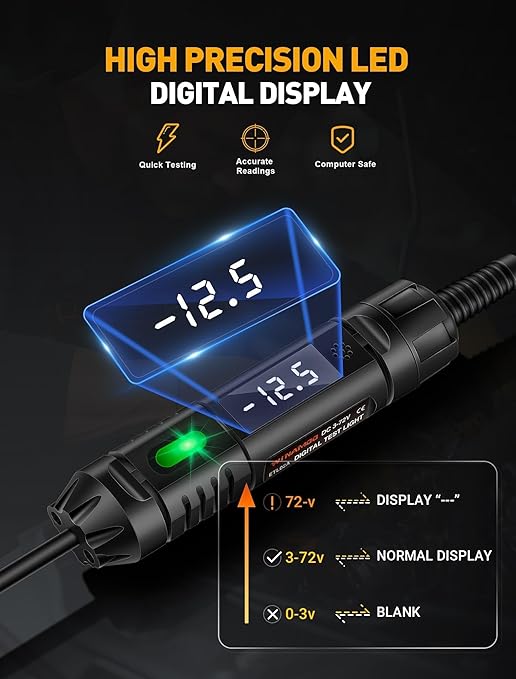 Upgraded Heavy Duty Circuit Tester with Buzzer, 3-72V DC Digital LED Test Light with Voltmeter, Automotive Light Tester with Illumination, Fuse Voltage Tester Auto Electrical Tool