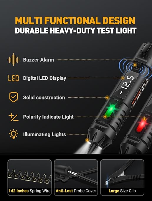 Upgraded Heavy Duty Circuit Tester with Buzzer, 3-72V DC Digital LED Test Light with Voltmeter, Automotive Light Tester with Illumination, Fuse Voltage Tester Auto Electrical Tool