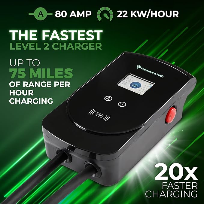PRIMECOM 80 Amp 22KW 220Volt Level-2 18ft to 50ft Cord Lengths 20X Fast Smart Electric Vehicle EV Charging Station Ford Transit F-150 Lightning Lucid Air Polestar TeslaXS Taycan (25 Feet)