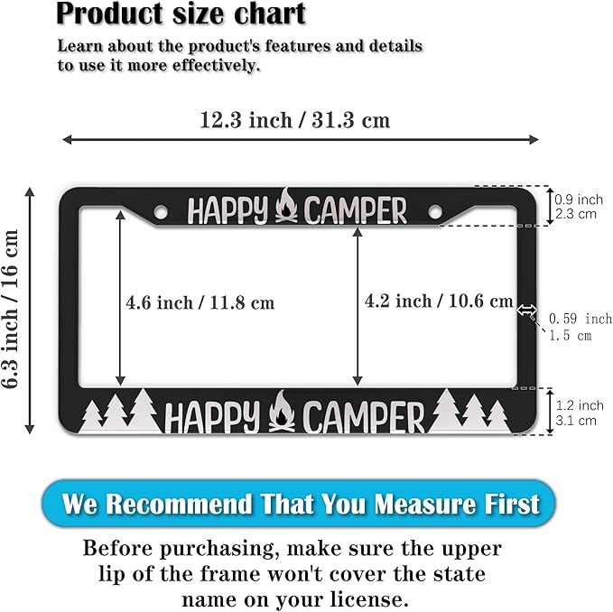 License Plate Frames Black and White Metal License Plate Frame Happy Camper with Campfire Universal Aluminum Car Accessory 2 Pack with Screw Covers Set