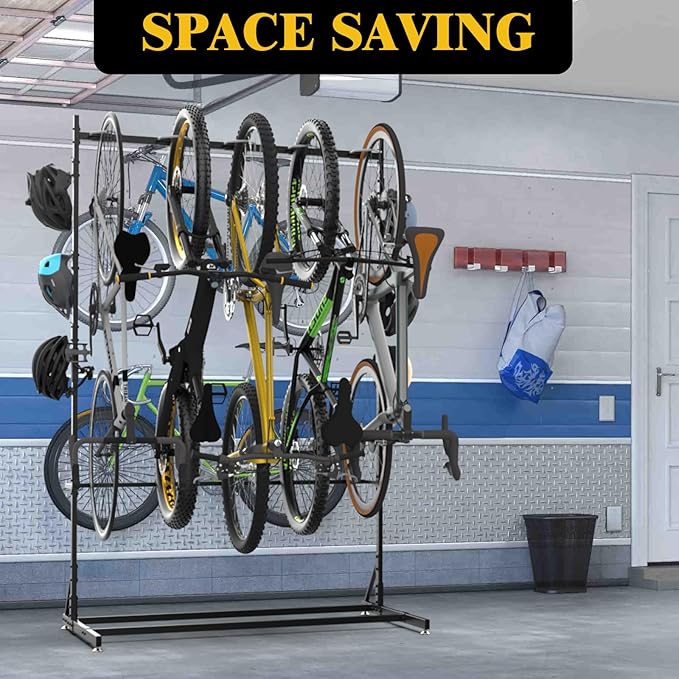 Freestanding Bike Storage Rack for 5 Bikes, 52" Wide Steel Vertical Bike Rack with 5 Bike Hooks & 6 Hooks for Helmet Storage, Bike Racks for Home and Garage, Indoor Floor Bike Stand
