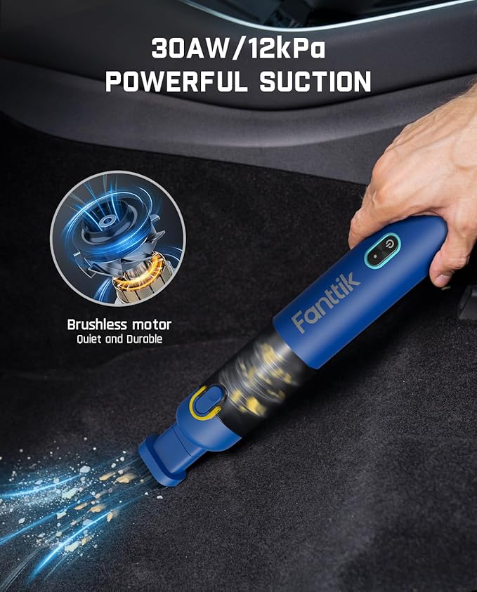 Fanttik Slim V8 Mate Cordless Car Vacuum Suction Power 12000Pa, Portable Mini Vacuum with Flexible Hose and Pet Brush, Type-C Charge, Portable for Car, Office Desk, Keyboards, Blue