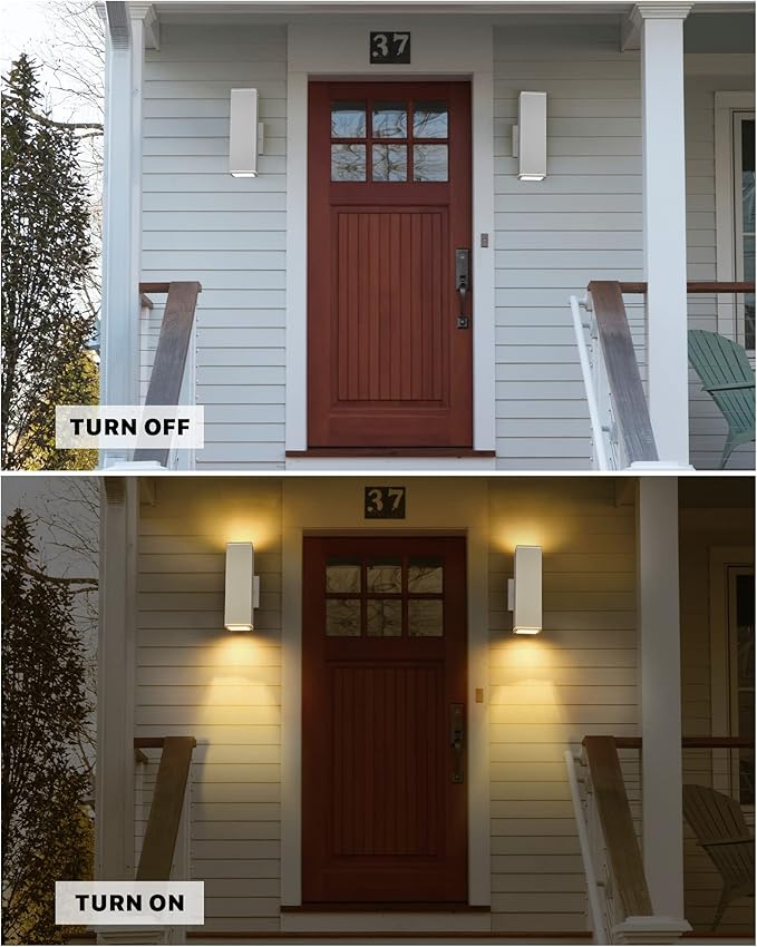Ken & Ricky Outdoor Wall Lights, Modern Exterior Up and Down Wall Sconces, Square Porch Lights Outdoor Wall with Sanded White Finish - 2 Pack