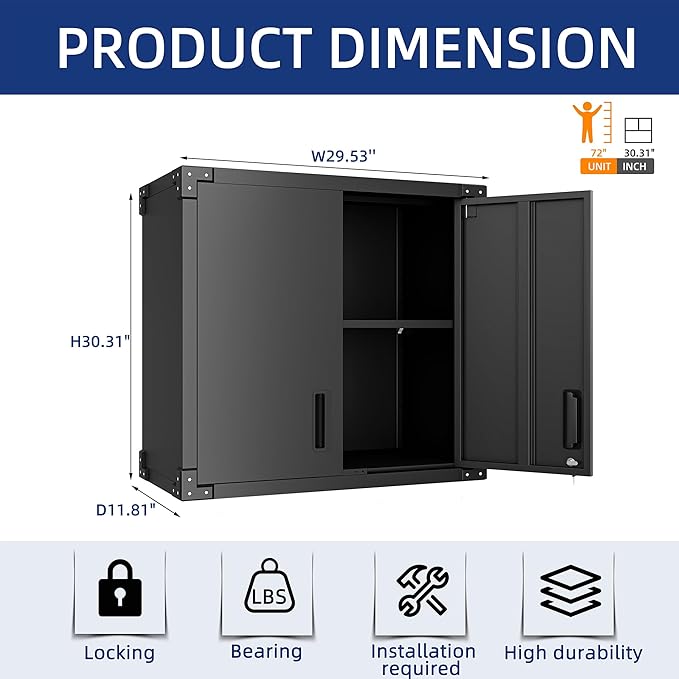 Metal Tool Cabinet,Garage Storage Cabinet System,Wall Cabinet & Locking Rolling Tool Cabinet with Doors and Adjustable Shelves,Steel Tool Cabinets for Home,Office (2 Pcs-StyleA, Black)