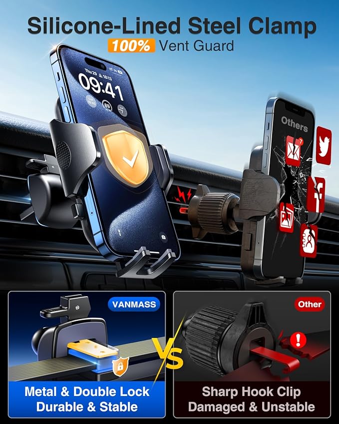 VANMASS Ultimate Car Phone Holder 2025【Military-Grade & Strongest Suction】 Phone Holder for Your Car【Patent & Safety Certs】 Windshield Dashboard Vent Cell Phone Car Mount for iPhone Samsung Android
