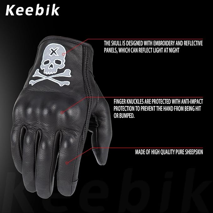 Goatskin Leather Motorcycle Motorbike Powersports Racing Gloves Reflective Skull Touchscreen for Men and Women Model