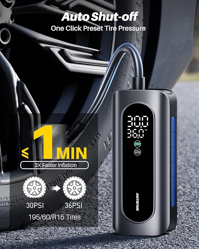 AUTOONE Tire Inflator Portable Air Compressor, 150PSI Air Pump for Car Tires with Tire Pressure Gauge, 3X Faster One Click Smart Cordless Tire Air Pump for Car, Motorcycle, Bike, Ball and More