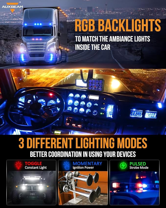 Auxbeam 12 Gang Switch Panel RB120 Toggle Momentary Pulsed RGB Dimmable Switch Panel Multifunction Two Sided Output Marine Control Panel IP65 Waterproof for Car Boat RV, 2 Years Warranty