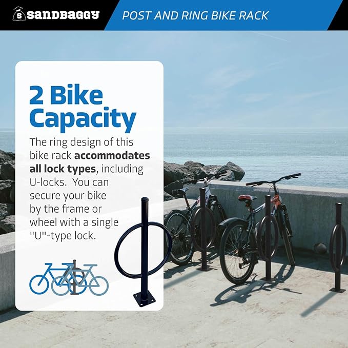 Sandbaggy Post and Ring Bike Rack - Commercial Bike Racks - Galvanized Steel - Anti-Theft Design - In Ground, Apartments, Sidewalks, Industrial (White, 10)