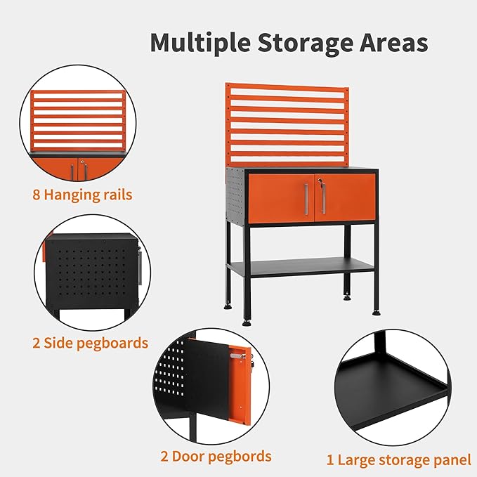 MCombo Metal Workbench for Garage, Adjustable Worktable with Storage Cabinet for Home Office, Basements, Bench-81 (Orange)