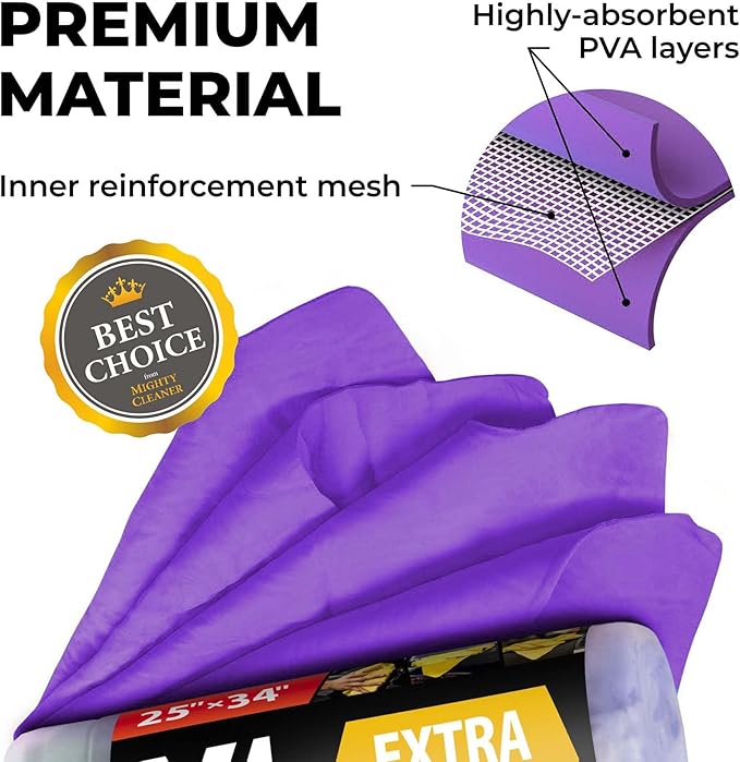 Premium XL Shammy Towel for Car - 34”x25” - Super Absorbent Chamois Cloth - Spots & Scratch-Free - Reusable Car Drying Towel