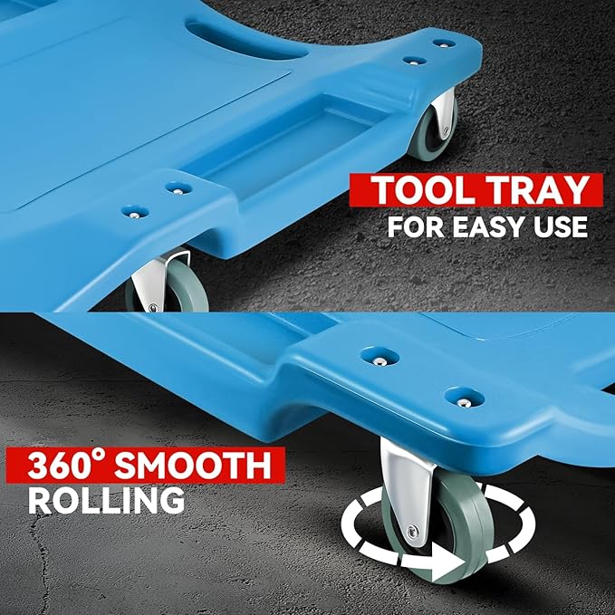 Auto Dynasty 40 Inches Mechanic Creeper, Automotive Garage Repair Low Profile Under Car Rolling Creeper with Padded Headrest, Plastic, Blue