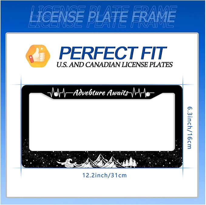 Advebture Awaits License Plate Frame Mountain Waves Forest License Plate Stainless Steel Rust-Proof Metal Funny License Plate Holder Car Accessory With Screws Car Decoration 12.3" x 6.3" For Men Women