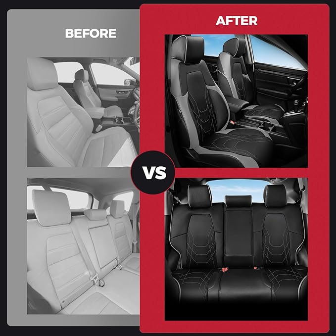 FREESOO CRV Seat Covers Full Set, for Honda CRV LX EX EX-L Sport Touring Hybrid 2017 2018 2019 2020 2021 2022, Custom Fit Car Seat Covers, Waterproof Leather Seat Covers, Black & Gray